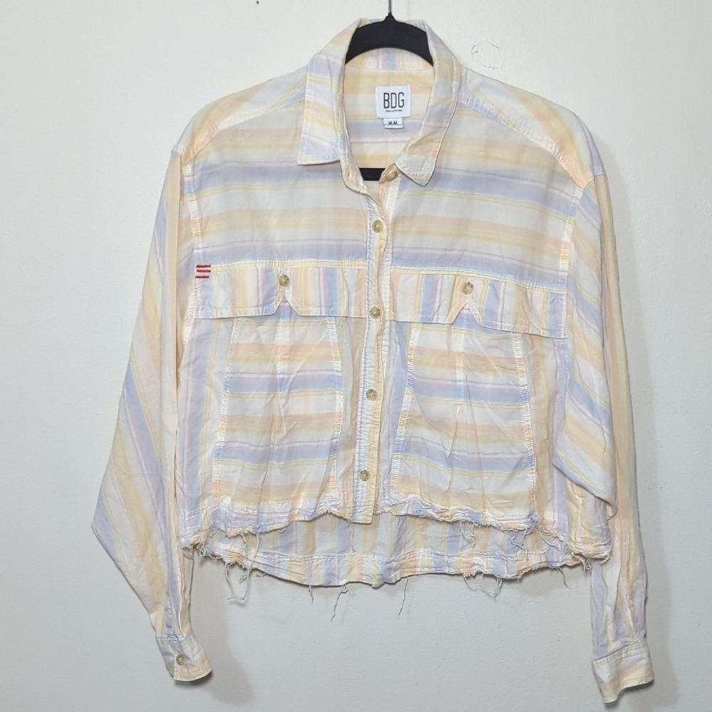 BDG Urban Outfitters Striped Cropped Boyfriend Frayed Hem Button-Down Shirt M